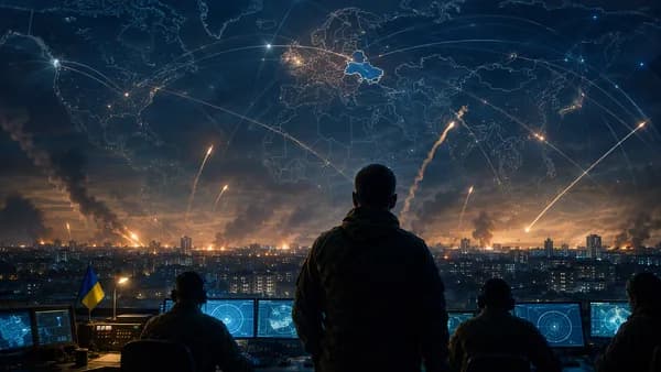 Missile trails over Ukraine with world map and global connections, symbolizing air defence shortage
