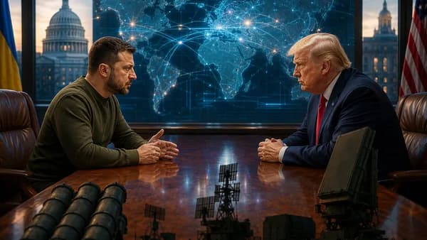 Zelensky and Trump-style leaders discuss air defenses before a glowing world map in Washington.