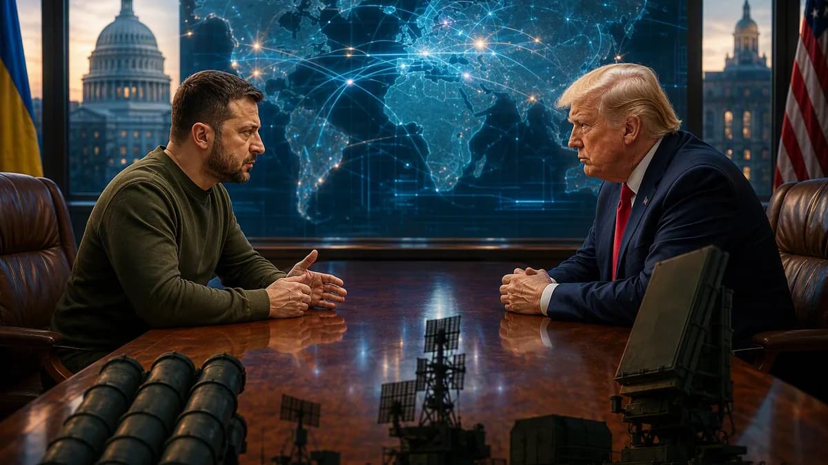 Zelensky and Trump-style leaders discuss air defenses before a glowing world map in Washington.