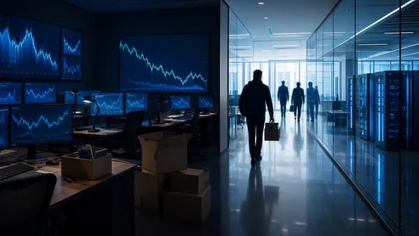 Fintech trading office with empty desks and crypto screens, symbolizing layoffs and a shift to enterprise services