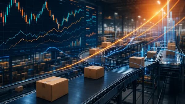 Unbranded parcels in a logistics hub with glowing market charts symbolizing higher margins on fewer shipments.