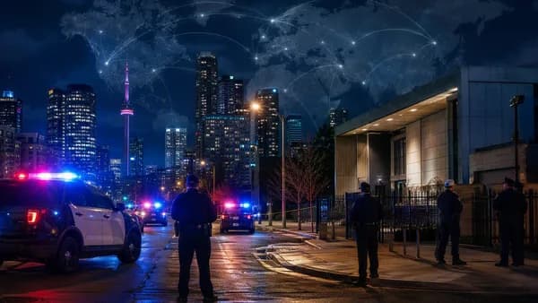 Police secure a Toronto diplomatic district at night with a world map overlay suggesting global security concerns.
