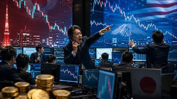 Traders react to a yen rally on a modern trading floor with glowing market charts.