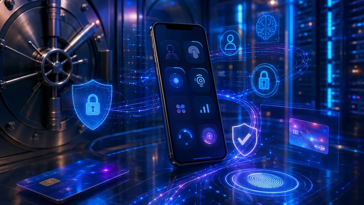 Smartphone banking app with biometric fraud detection visuals and secure digital payment network