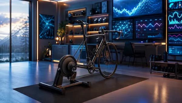 Smart indoor bike trainer in a futuristic home fitness tech space with abstract data screens.