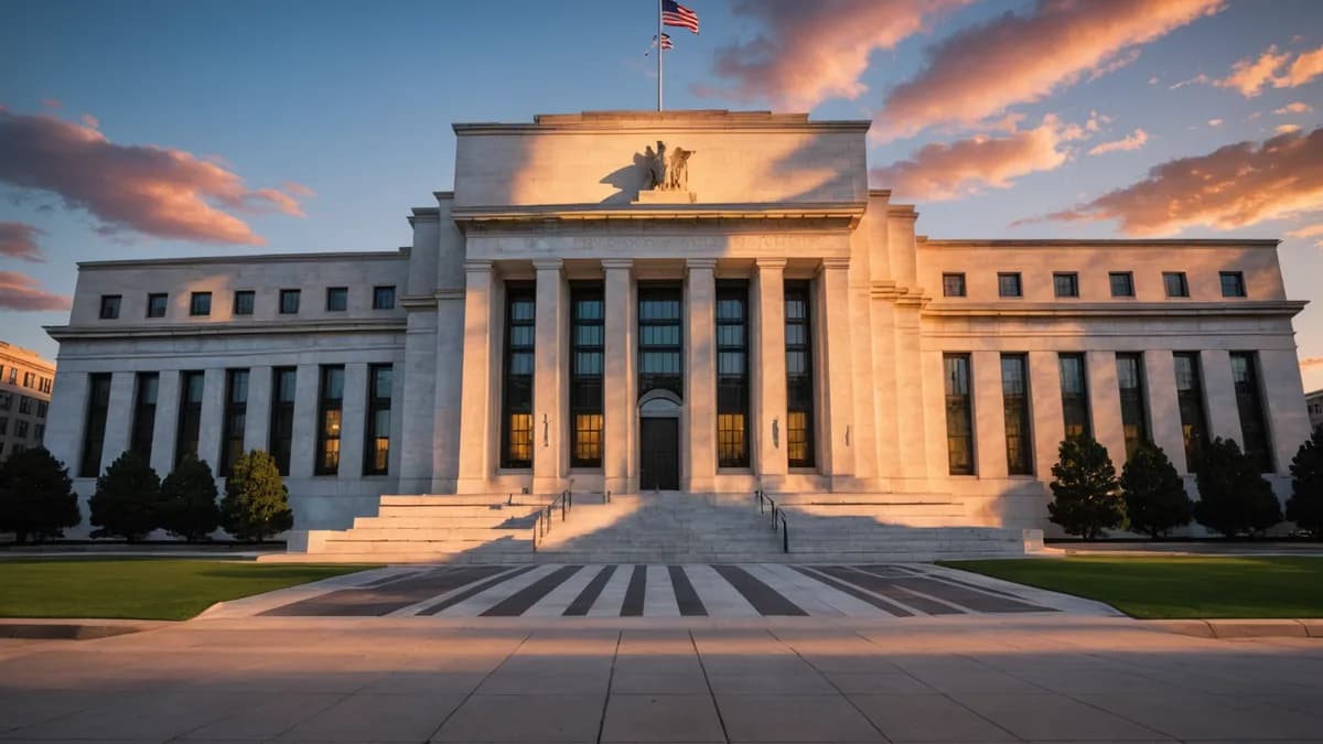 Cinematic editorial image of the Federal Reserve building at dusk, representing monetary policy credibility and a stabilizing US dollar.