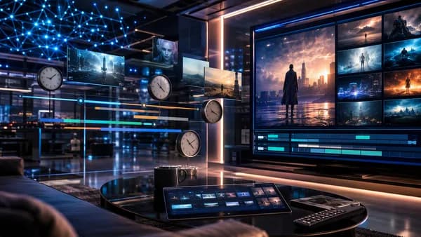 Futuristic streaming control room with screens and offset clocks suggesting mismatched online viewing times.