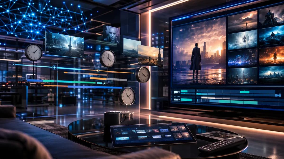 Futuristic streaming control room with screens and offset clocks suggesting mismatched online viewing times.