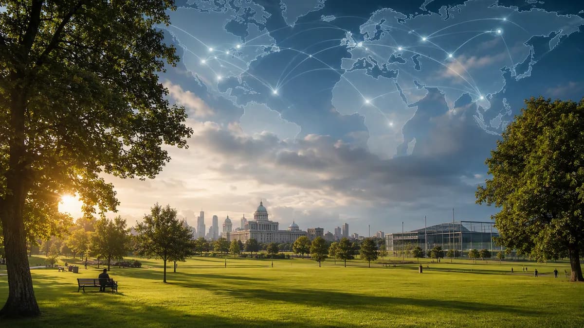 London park and blocked sports training facility with courthouse silhouette and global map connections