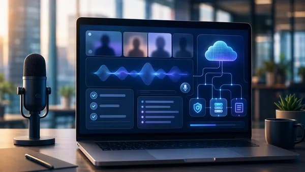 AI meeting notetaker dashboard with waveform, summary panels, cloud nodes, and modern SaaS workspace.