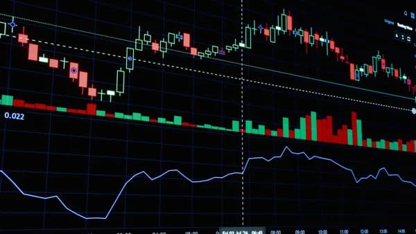 Close-up of stock market candlestick chart showcasing financial data trends.