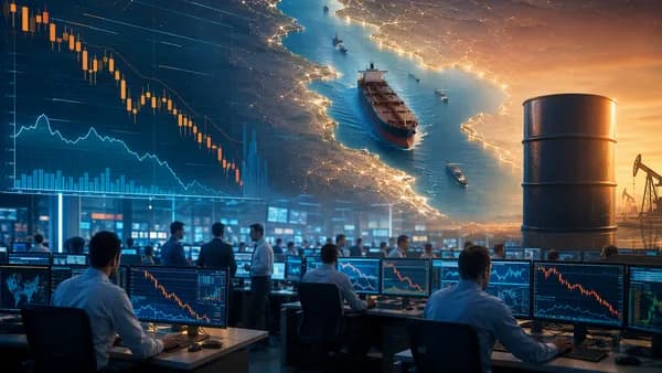 Oil trading floor with falling charts and Strait of Hormuz visuals as geopolitical risk eases