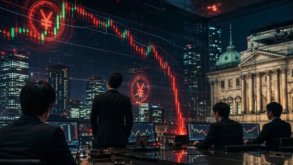 Tokyo FX trading floor with yen-inspired visuals and a sharp market plunge on abstract charts