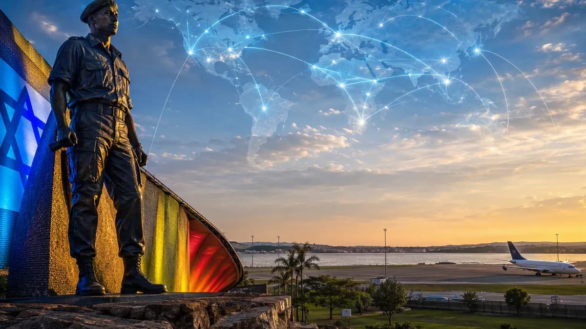 Bronze memorial statue in Entebbe with global map connections and diplomatic lighting.