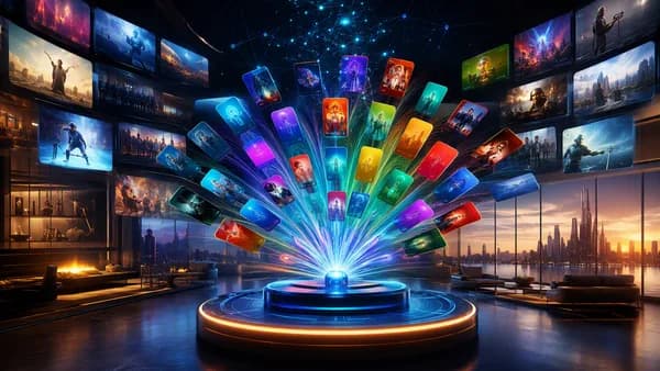 Futuristic media hub with abstract streaming screens and peacock-inspired lights in a sleek tech workspace.