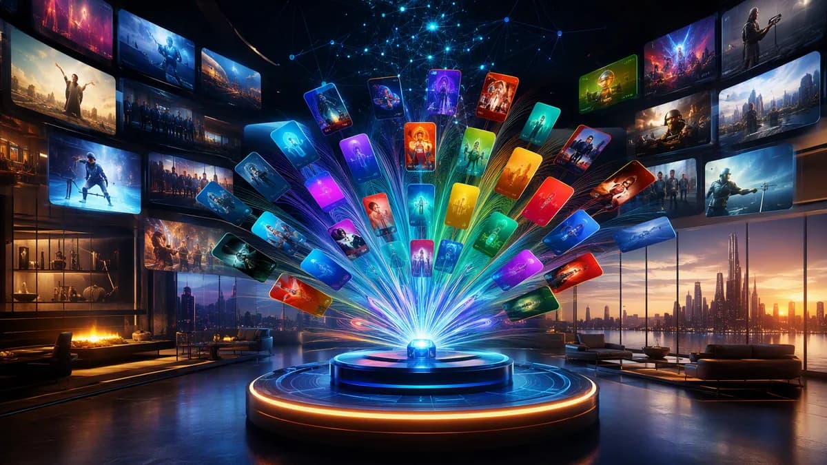 Futuristic media hub with abstract streaming screens and peacock-inspired lights in a sleek tech workspace.