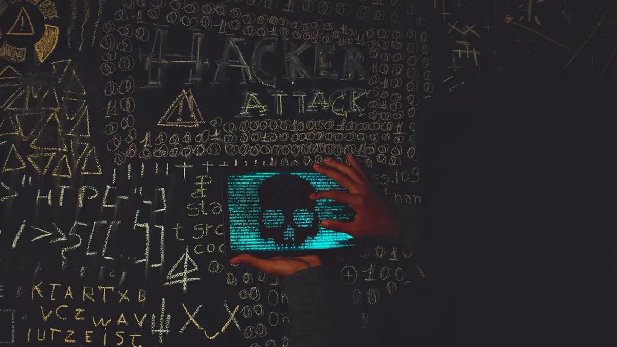 A hacker in a black hoodie using a tablet displaying a skull, surrounded by chalk symbols and 'Hacker Attack' text.
