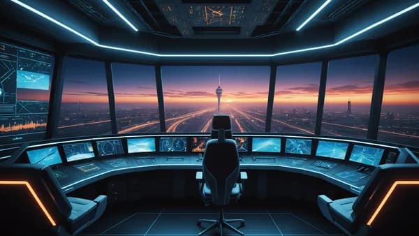 Futuristic air traffic control hub with holographic screens monitoring global cargo flights.
