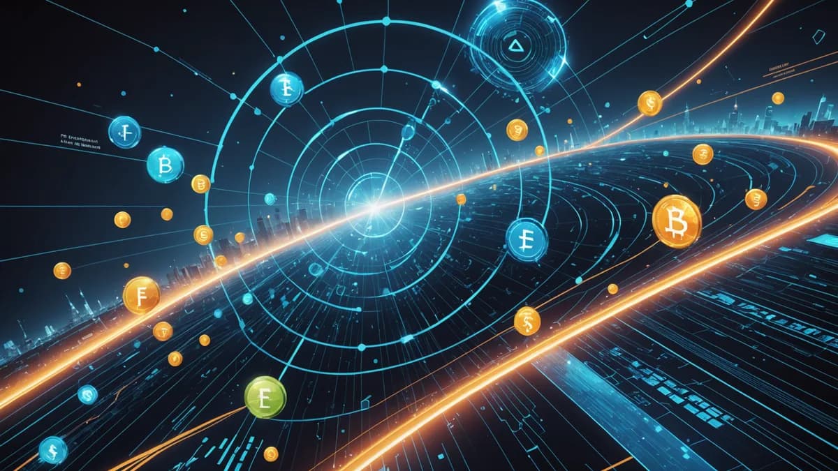 Abstract holographic dashboard showing banking strategies shifting from digital deposits to fee income accumulation in a futuristic control room.