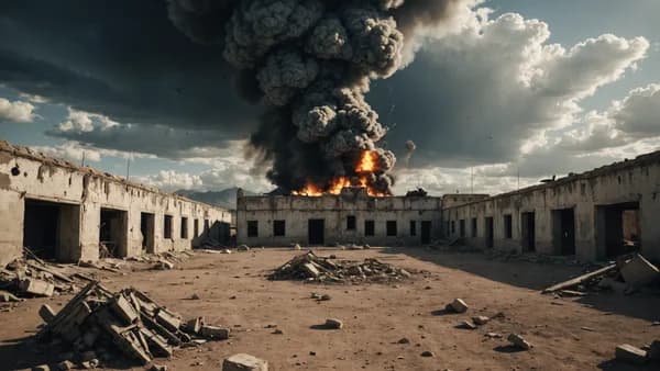 Photorealistic, cinematic scene of a damaged military barracks under a dramatic sky, suggesting a geopolitical incident.