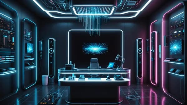 Photorealistic image of a high-tech electric toothbrush with camera, surrounded by digital interfaces and misty jets in a futuristic lab setting.