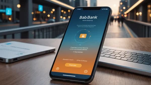 A conceptual bridge connecting a smartphone's sleek banking app with the warm interior of a modern bank branch.