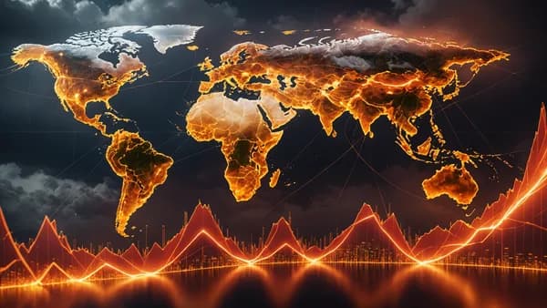 An abstract, cinematic visualization of global economic trends, showing rising growth metrics under the scrutiny of inflationary pressures.