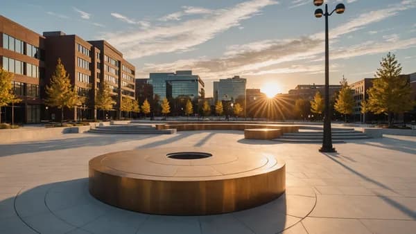 A symbolically lit, empty podium on a stage at sunset, with glowing abstract sculptures along a path, representing legacy and societal change.