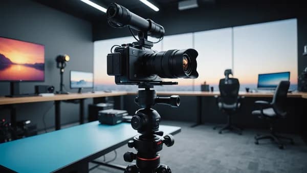Futuristic modular steadycam and magnetic action camera hovering in a sleek tech environment.