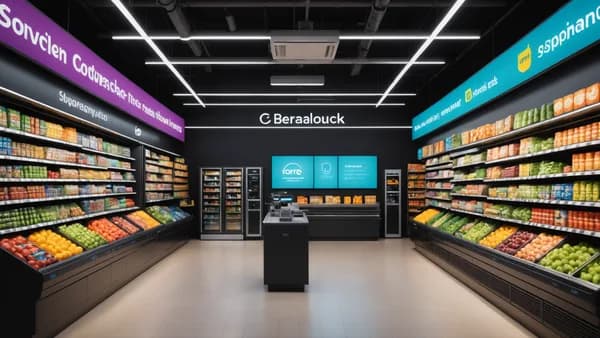 A futuristic AI interface in a sleek supermarket hub, visualizing chat prompts being translated dynamically into a digital grocery cart.