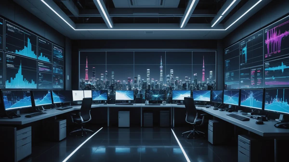 Futuristic command center in Tokyo with holographic GDP charts, neural networks, and glowing circuits reflecting economic data innovation.