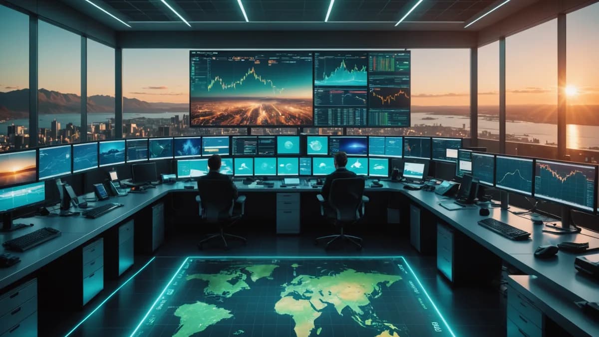Cinematic view of a modern trading floor with a holographic FX map showing the New Zealand Dollar surging against a fading US Dollar at sunrise.