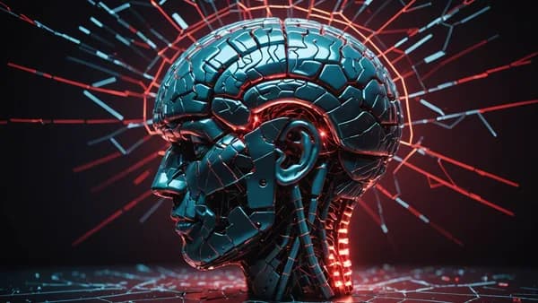 Photo of a fractured holographic AI brain under pressure, with tilting stacks of digital coins in a futuristic tech vault.