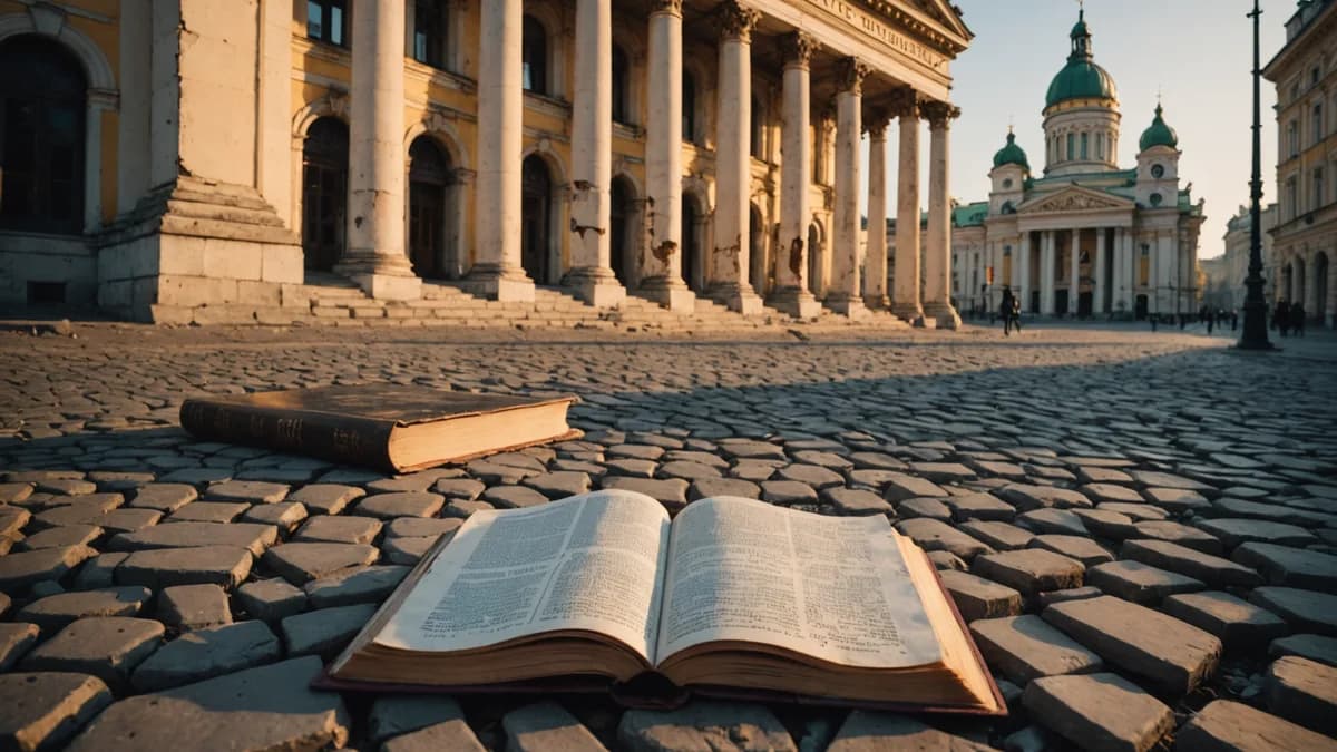 A torn Russian-language book on Odesa's cobblestones, symbolizing cultural erasure, with a resilient sunflower and historic architecture in the background.