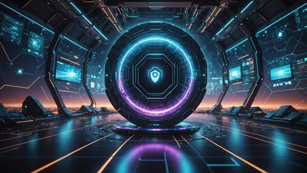 A glowing digital shield protects a strategic infrastructure node within an abstract, cinematic network security landscape.