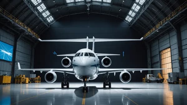 A pilotless cargo aircraft in a futuristic tech hangar, surrounded by AI network visualizations and flight data screens.