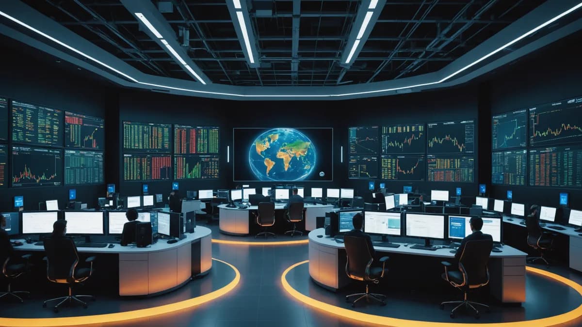A cinematic trading floor with data visualizations highlighting a dominant crypto market signal.