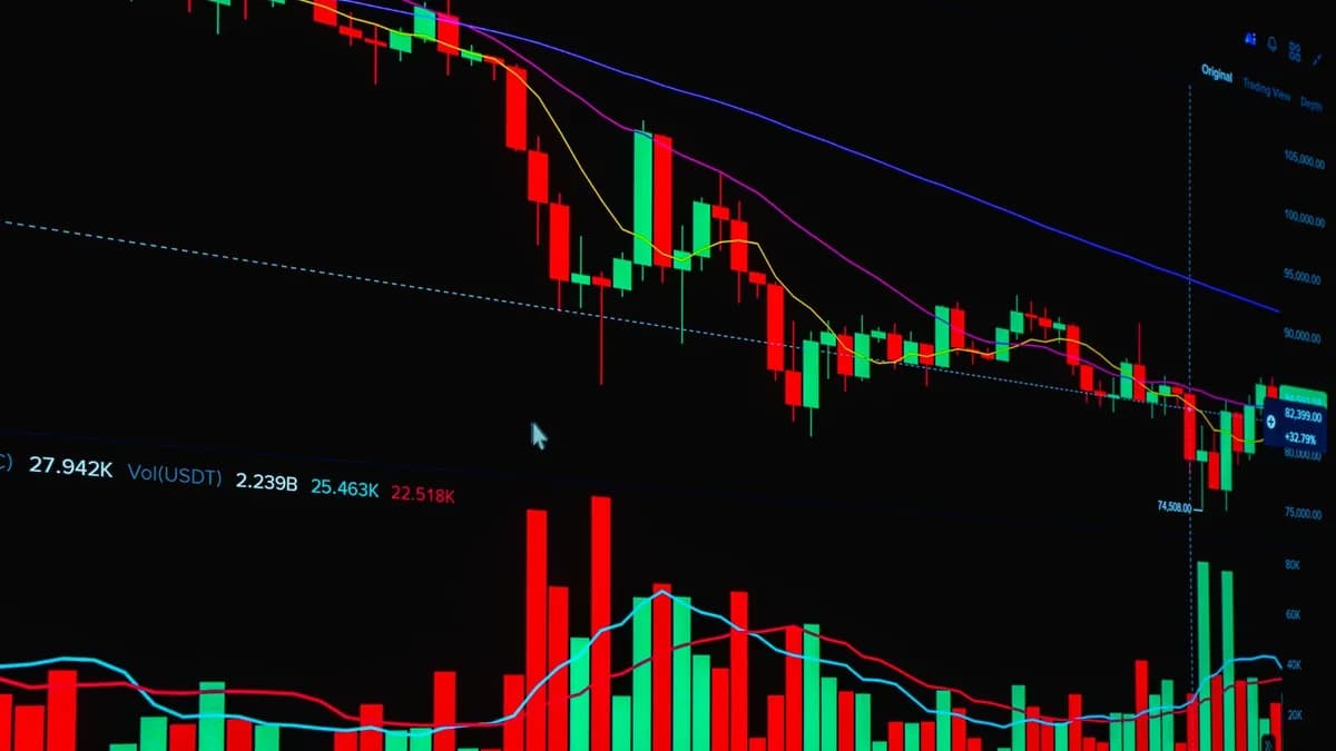 Vibrant digital chart showcasing cryptocurrency market trends with candlestick patterns.