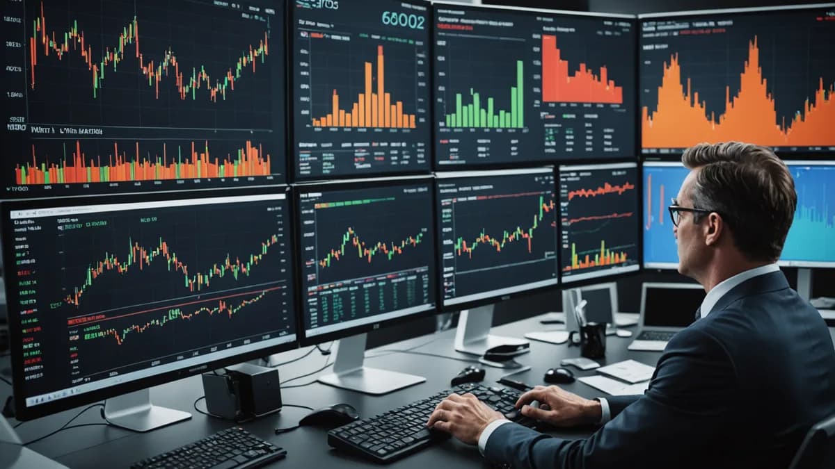 Cinematic wide-angle of stock charts visualizing volatile market conditions and short interest pressure, with modern editorial style.