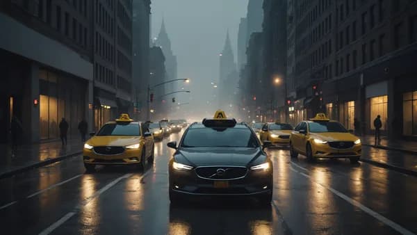 A line of sleek, identical autonomous taxis sit parked ominously on a wet, foggy urban street at dusk.