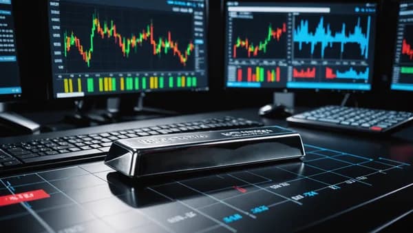 Silver bullion bar and abstract financial charts on a trading desk, symbolizing a market range breakout.