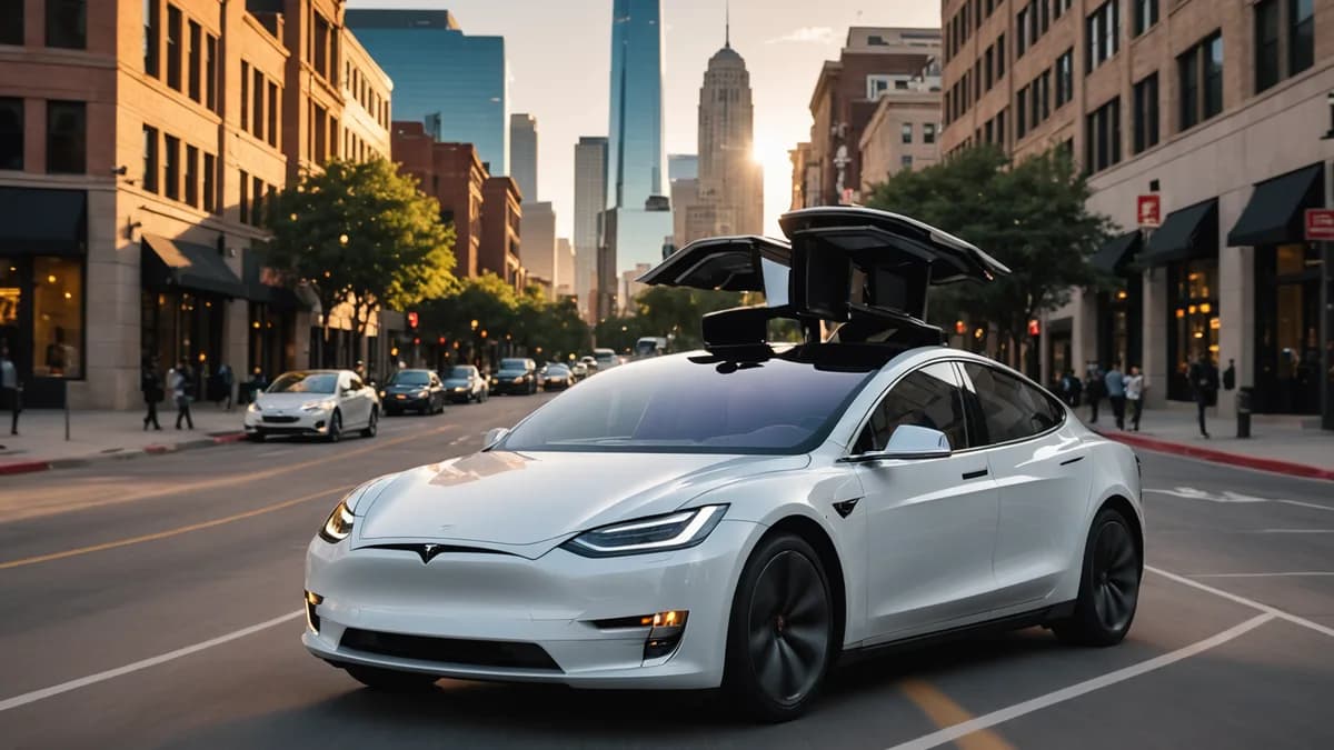 A cutting-edge, steering-wheel-less Tesla Cybercab robotaxi driving autonomously through a futuristic Austin city