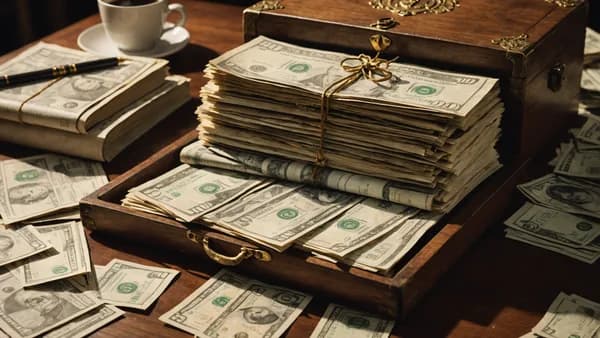 A gilded envelope and cash on a desk with global news and a shadowed world map.