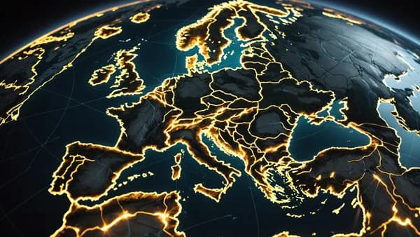 Dramatic view of a world map highlighting Europe with light trails connecting Moscow and Kyiv.