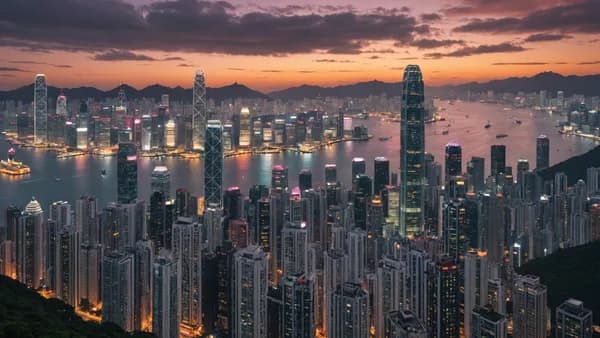 Hong Kong skyline at dusk, blending traditional and modern architecture, symbolizing transition and historical significance.
