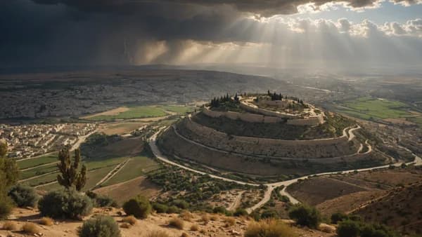 Symbolic global map depicting UK and West Bank regions under dramatic, stormy cinematic lighting.