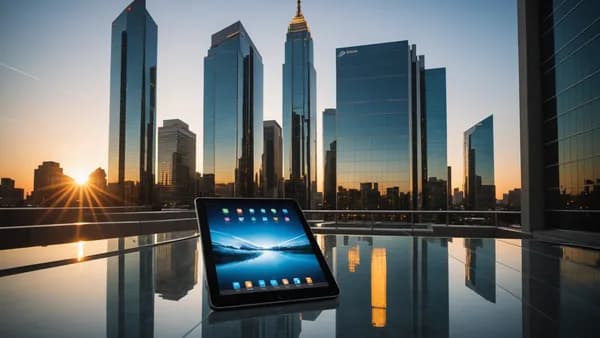 A modern Sun Belt business district at sunset, featuring a digital tablet displaying a financial interface for commercial banking.