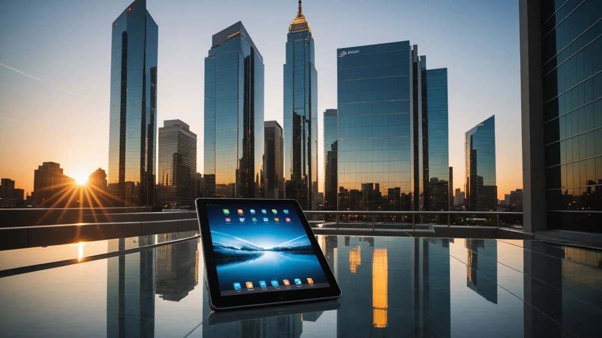 A modern Sun Belt business district at sunset, featuring a digital tablet displaying a financial interface for commercial banking.