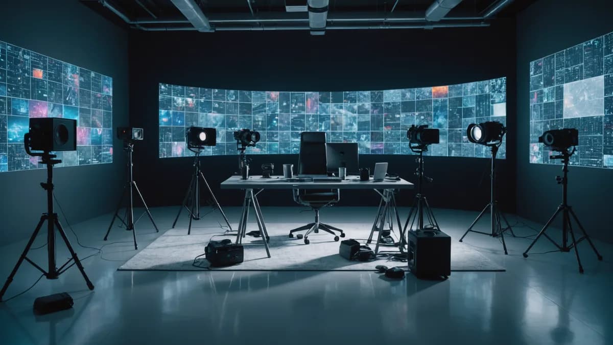 Abandoned creator gear in a futuristic studio, with holographic AI networks, symbolizing neglected responsibilities in digital content creation.