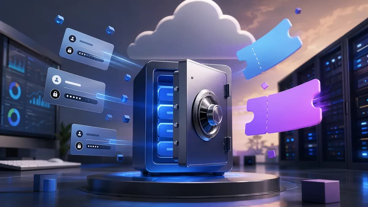 Secure password manager vault with SaaS dashboard and abstract discount elements in a cloud infrastructure scene